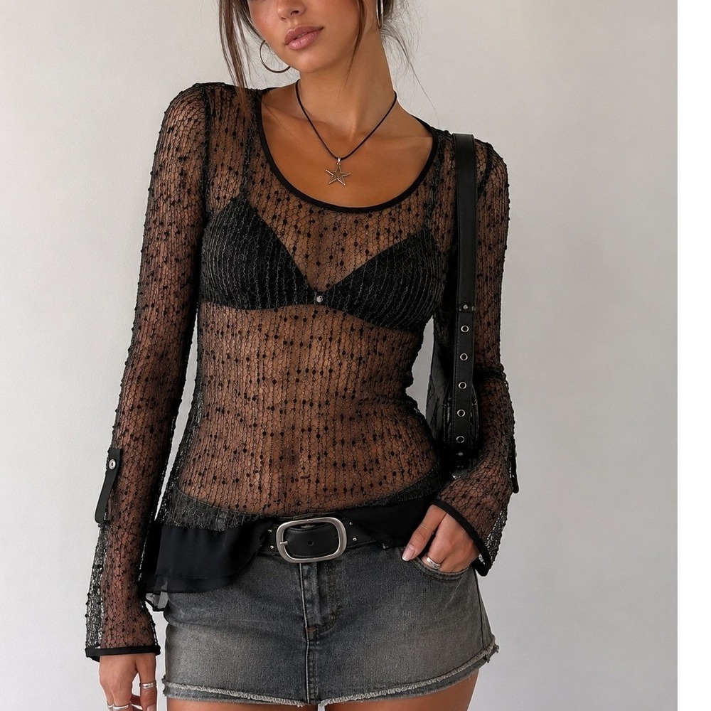 VTG Y2K Bali M Top Sheer Mesh Fishnet Sequin Long Sleeve Grunge Black Whimsigoth